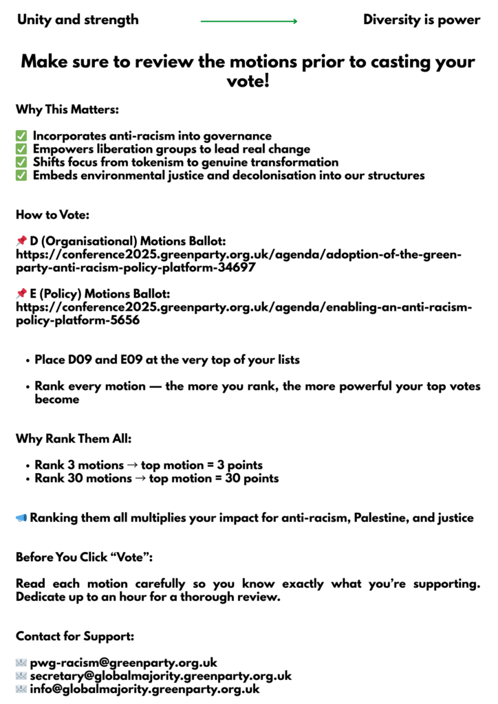 Guidance for the Anti-Racism Motions in Prioritization Ballot: rank 1st, then rank all others Unity and strength Diversity is power Make sure to review the motions prior to casting your vote! Why This Matters: Incorporates anti-racism into governance Empowers liberation groups to lead real change Shifts focus from tokenism to genuine transformation Embeds environmental justice and decolonisation into our structures How to Vote: ★D (Organisational) Motions Ballot: https://conference2025.greenparty.org.uk/agenda/adoption-of-the-green-party-anti-racism-policy-platform-34697 E (Policy) Motions Ballot: https://conference2025.greenparty.org.uk/agenda/enabling-an-anti-racism-policy-platform-5656 Place D09 and E09 at the very top of your lists Rank every motion the more you rank, the more powerful your top votes become Why Rank Them All: Rank 3 motions → top motion = 3 points Rank 30 motions → top motion = 30 points Ranking them all multiplies your impact for anti-racism, Palestine, and justice Before You Click "Vote": Read each motion carefully so you know exactly what you're supporting. Dedicate up to an hour for a thorough review. Contact for Support: pwg-racism@greenparty.org.uk secretary@globalmajority.greenparty.org.uk info@globalmajority.greenparty.org.uk